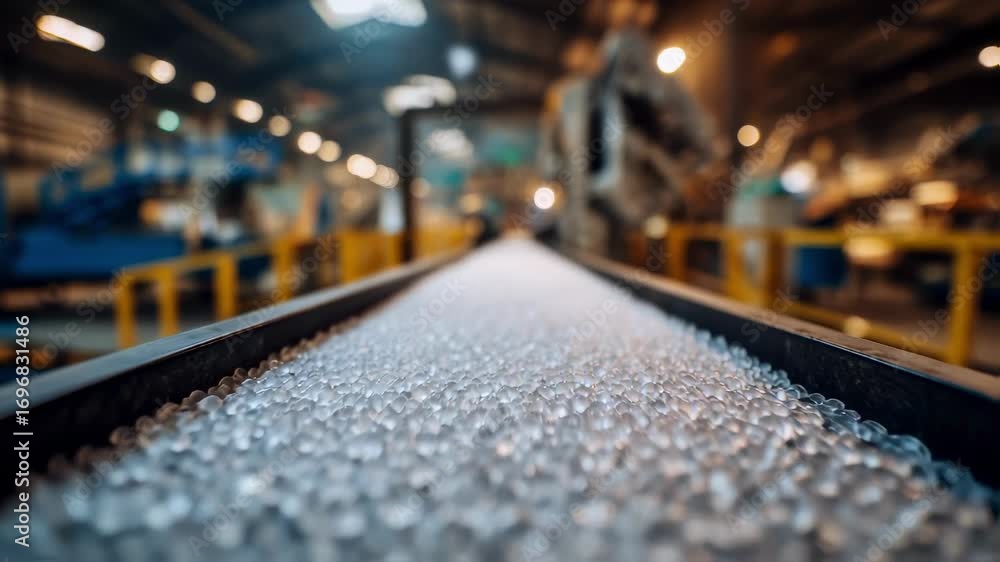 Poster medium shot capturing ldpe pellets being processed on a conveyor belt detailed focus on translucent 
