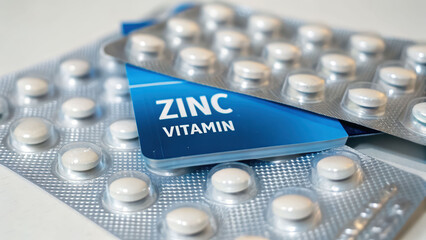Zinc supplement tablet blister pack vitamin support white pill closeup health care concept pharmacy supply clean minimal studio light