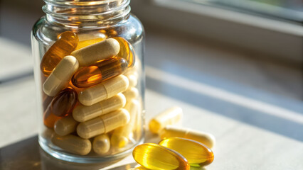 Supplement capsule jar, glass bottle, softgel, pill, healthcare, zinc support, vitamin daily wellness on table near window light
