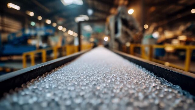 Medium shot capturing LDPE pellets being processed on a conveyor belt detailed focus on translucent pellets contrasts with a softly blurred industrial hall in the background