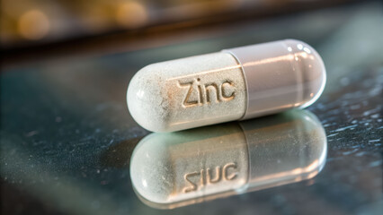 Zinc vitamin capsule supplement on glass surface with soft light, reflective closeup, clean minimal style, health concept, modern macro detail