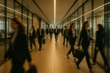 Fototapeta premium Busy Office Corridor with Professionals in Suits Walking with Briefcases and Blurred Motion