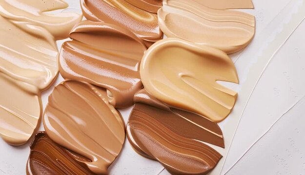 Different shades of liquid skin foundation on white background, top view