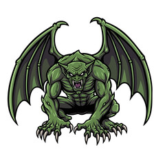 Fototapeta premium Crouching green gargoyle monster with wings