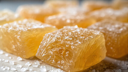 Golden jelly candy translucent cube sugar crystal sweet dessert soft texture closeup macro confection gelatin amber color warabi mochi delight