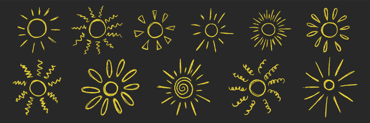 Kids crayon textured hand drawing sun icon set. Chalk grunge texture doodle yellow outline naive sun. Collection freehand childish pencil scribble sunlight. Baby elements. Vector illustration isolated