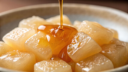 Warabi mochi dessert with syrup drizzle, soft jelly candy in ceramic bowl under warm light, inviting texture and sweet mood for cozy snack lovers