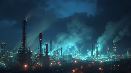 Industrial landscape at night, featuring illuminated factories and smoke stacks against a moody sky, showcasing urban development.