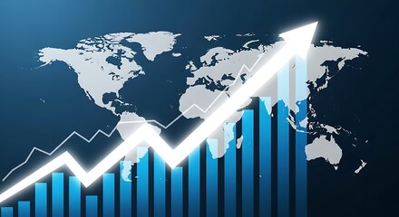 Global financial growth chart with rising arrow and world map background
