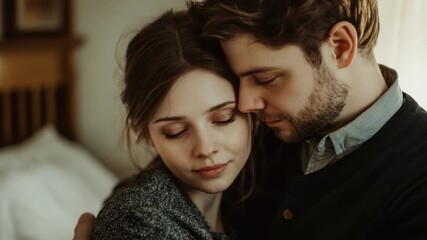 A romantic moment captured between two people in a cozy bedroom setting