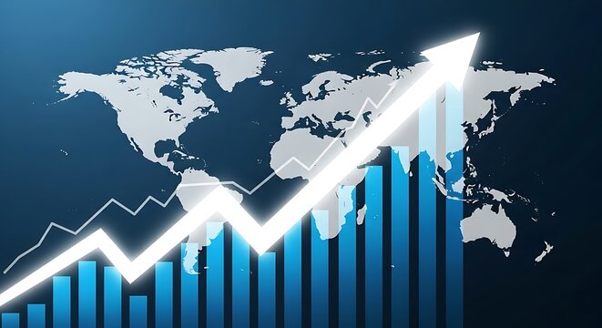 Global financial growth chart with rising arrow and world map background