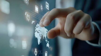 Hand touching digital world map interface with icons image photo