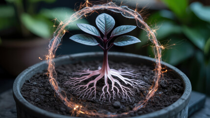 A small plant in a pot with visible roots and an energy circle around it in a blurred background