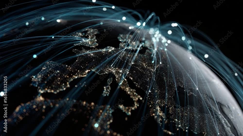 Poster global connectivity: a stunning visualization of a global network with luminescent lines connecting 