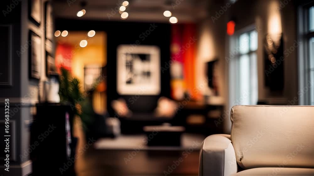 Poster cozy customer waiting area with plush seats in sharp focus blurred background showcasing soft lighti