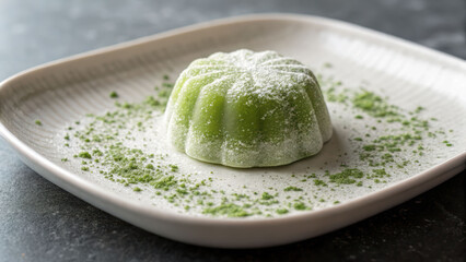 Warabi mochi dessert powdered sugar matcha dust green sweet jelly on ceramic plate elegant minimal style calm mood