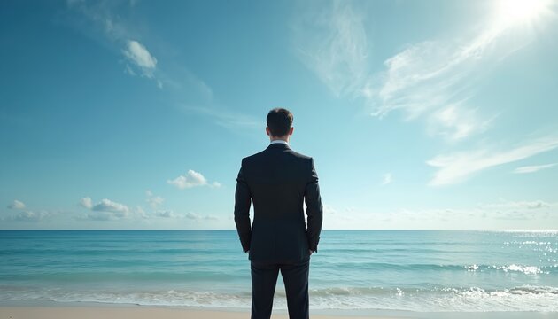 Businessman in suit stands on beach looking at horizon. Blue sky, calm sea background. Represents contemplation, solitude, escape from corporate life, and peaceful relaxation by nature.
