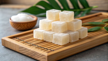 Warabi mochi dessert cubes on bamboo tray, soft texture and frosty sugar look, natural light and calm mood, minimalist food style