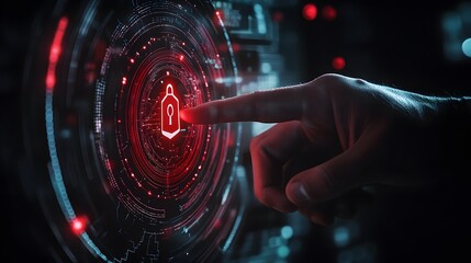 Hand Touching Red Digital Padlock Icon on Futuristic Interface cybersecurity data protection photo