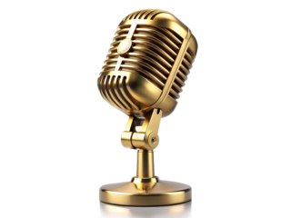 Vintage gold microphone on a reflective surface, isolated on transparent background