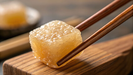 Warabi mochi cube dessert, soft jelly texture, golden brown color, wooden chopsticks closeup, rustic wood board, sweet treat mood