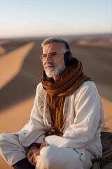 Elderly caucasian male with headphones enjoying tranquil desert scenery