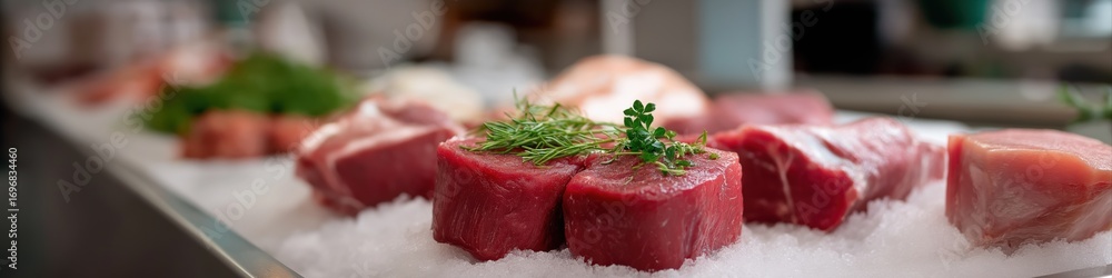 Poster fresh assorted meats on ice displayed in a market setting