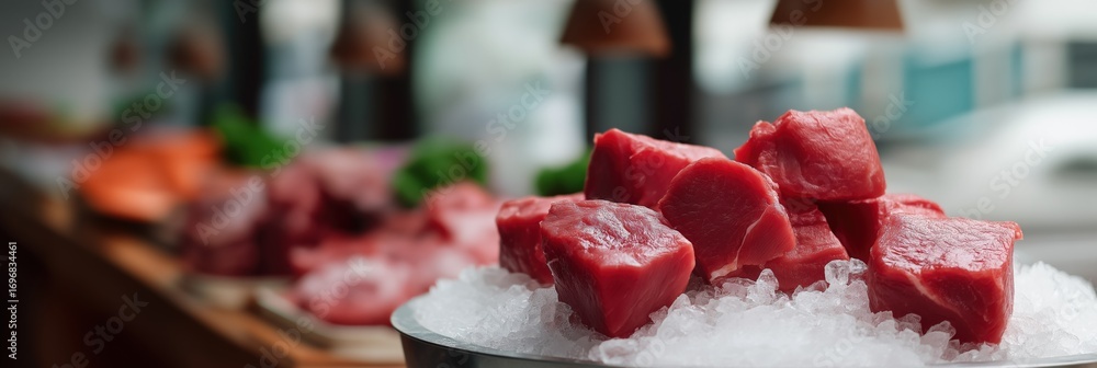 Poster raw red meat chunks on ice displayed in butcher shop setting
