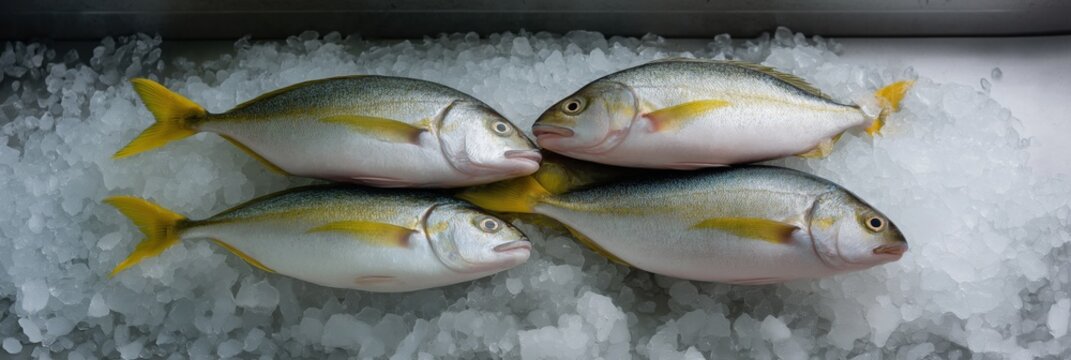 Fresh yellowtail fish on ice display in seafood market