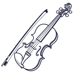 Obraz premium Hand-drawn sketch of a classical violin and bow. Monochrome line art illustration of a stringed musical instrument for orchestra or symphony