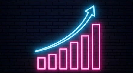 Neon bar graph with upward arrow indicating growth and success on brick wall
