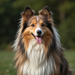 An adult Shetland Sheepdog with a majestic coat, intelligent eyes, loyal nature, graceful stance, playful spirit.