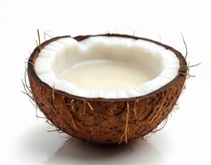 Half coconut filled with creamy milk or oil on white background. Tropical fruit brown hairy shell, white flesh. Healthy food ingredient, natural cosmetic base for skincare, haircare products.