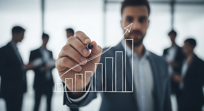 Businessman drawing a rising bar graph on a transparent screen with colleagues behind him