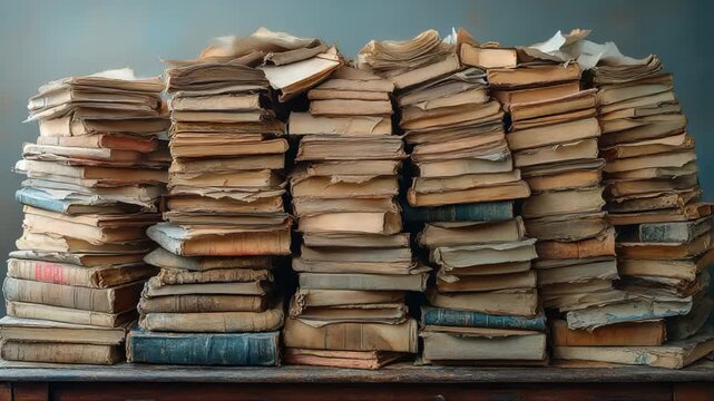 A cluttered stack of vintage books on a wooden table, showcasing their aged pages and textures