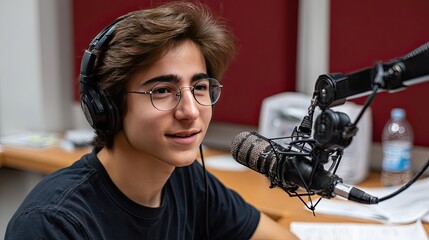 Young man in headphones engages with viewers, showcasing enthusiasm while sharing future content plans from a stylish studio setup