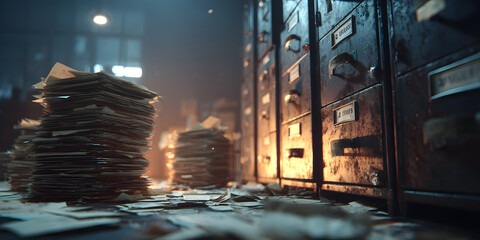 Secret Files: A metal file cabinet, overflowing with classified documents.