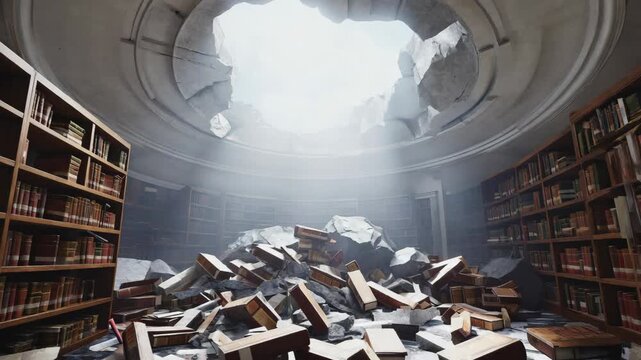 Sunlight streaming through a gaping hole in the domed ceiling of a ravaged library, illuminating scattered books and debris on the floor after a devastating bombing or earthquake