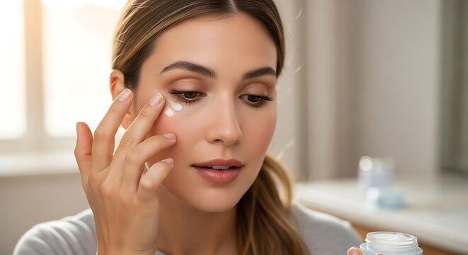 Beautiful Woman Applying Eye Cream for Anti-Aging Skincare Routine