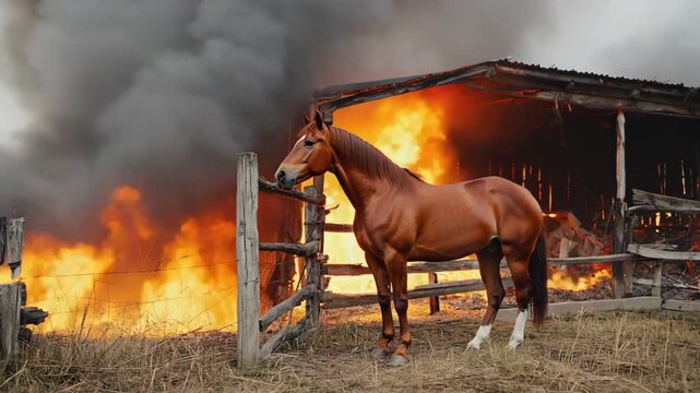 Chestnut horse standing near a barn engulfed in flames, smoke billowing into the night sky, creating a haunting scene of destruction and loss amid the chaos of a devastating fire