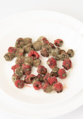 Vertical shot of moldy raspberries on white plate, focus on food spoilage and fungus.