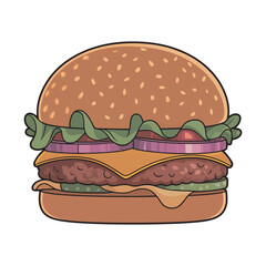 Cartoon cheeseburger icon. Delicious fast food hamburger with sesame bun, beef patty, and salad. Isolated vector graphic