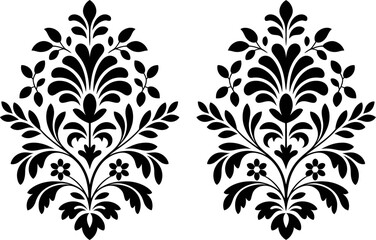 Elegant black damask floral motifs on a white background, perfect for decorative design.