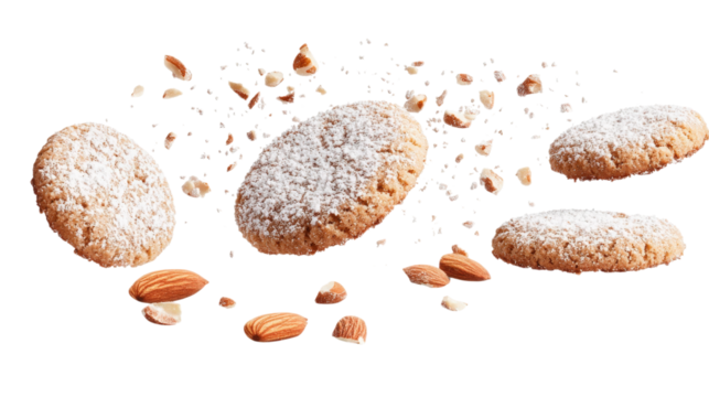 Almond Cookies with Powdered Sugar isolated on a Transparent or white Background