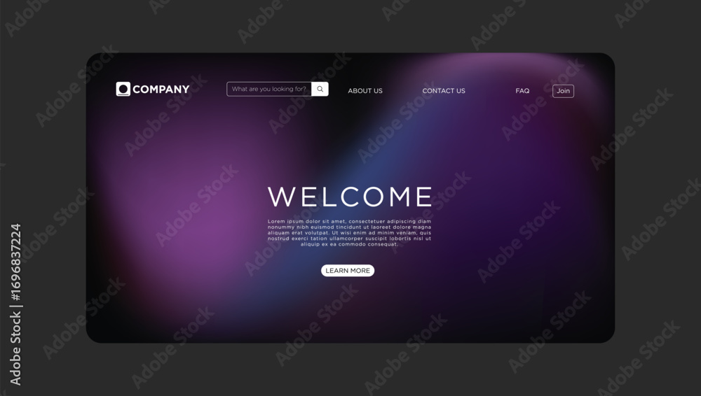 Poster modern website template design with welcome message for business or personal use with purple backgro