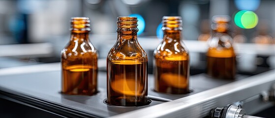 Three brown glass wine bottles stand out on a production line, showcasing the precision of the factory's manufacturing process