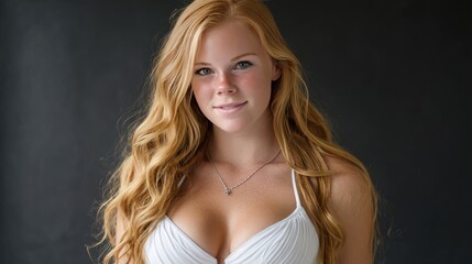 Naklejka premium Attractive woman poses elegantly in a white dress with a dark background, showcasing her beauty and style in soft, natural lighting