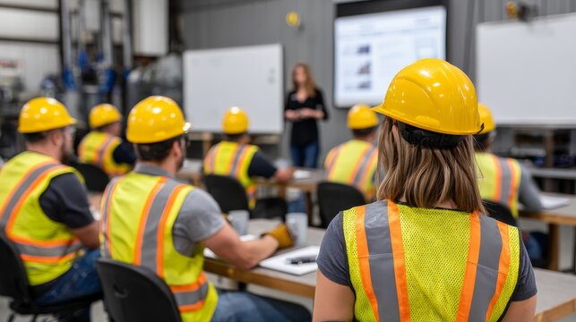 Construction workers attending meeting in industrial building