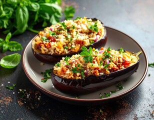 Delicious stuffed eggplants with rice and herbs ready to enjoy Generative AI