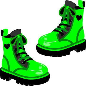 Vector Illustration of a pair of thick-soled shoes in bright NEON green. Emo, pank, rock